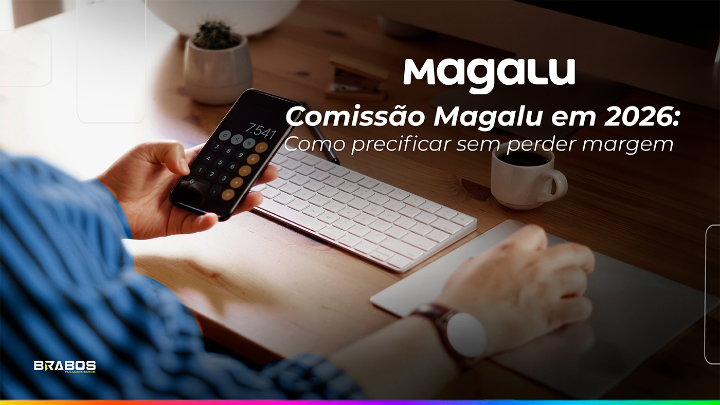 Banner com calculadora no celular para fazer a alusão de contas de margem para a Magalu, que é o assunto do blog