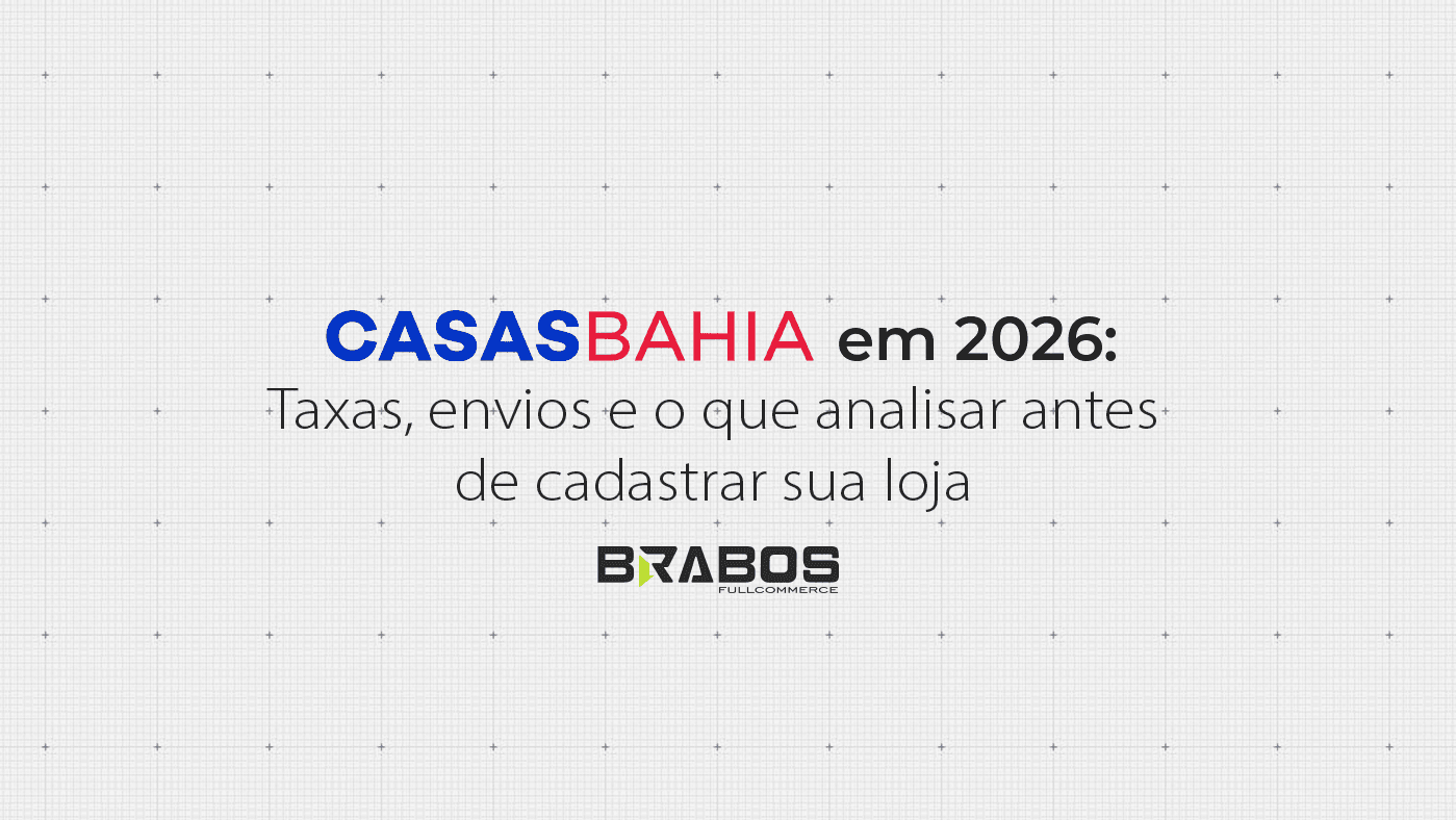 Painel ilustrativo sobre vendas na Casas Bahia Marketplace, mostrando gestão logística, taxas e operação de sellers.